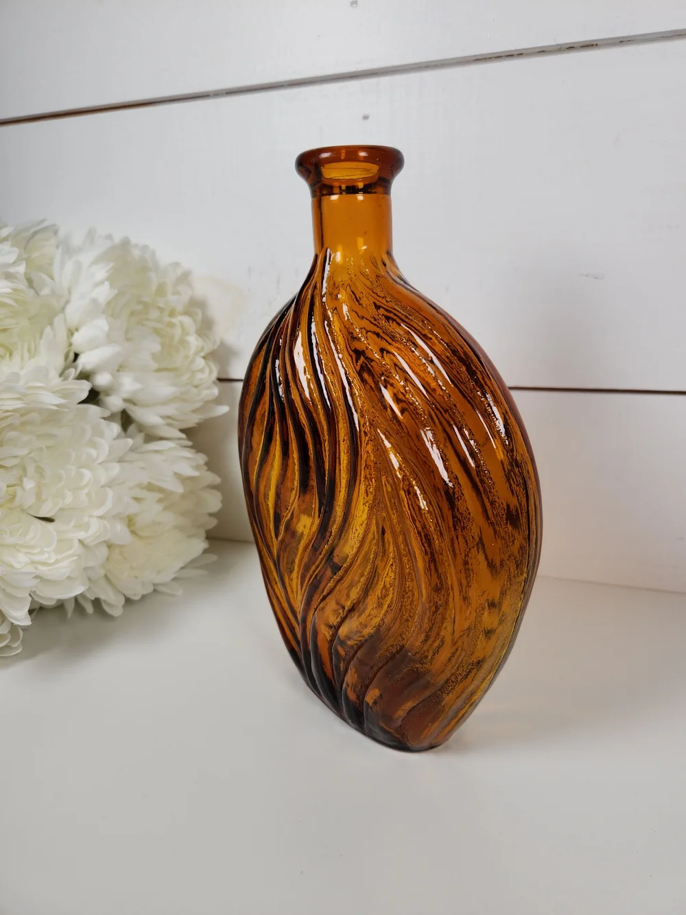 Vintage Amber Glass Textured Swirl Bottle | Mid Century Modern Art Vase | MCM